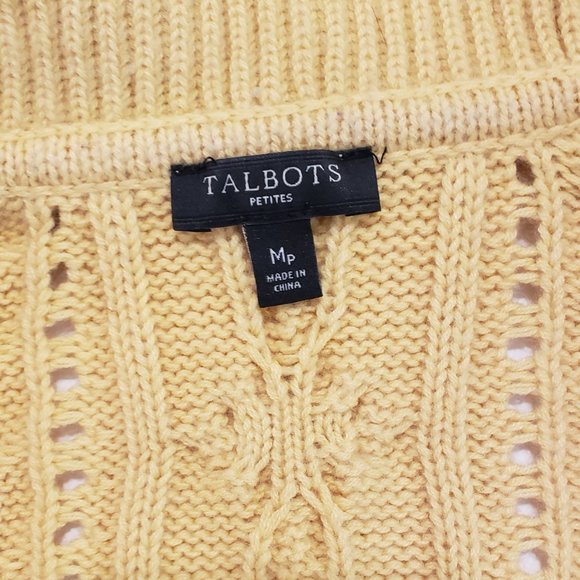 Talbots Lambswool Cable Knit Yellow Cardigan Leather Buckle Sweater MP - Picture 7 of 10